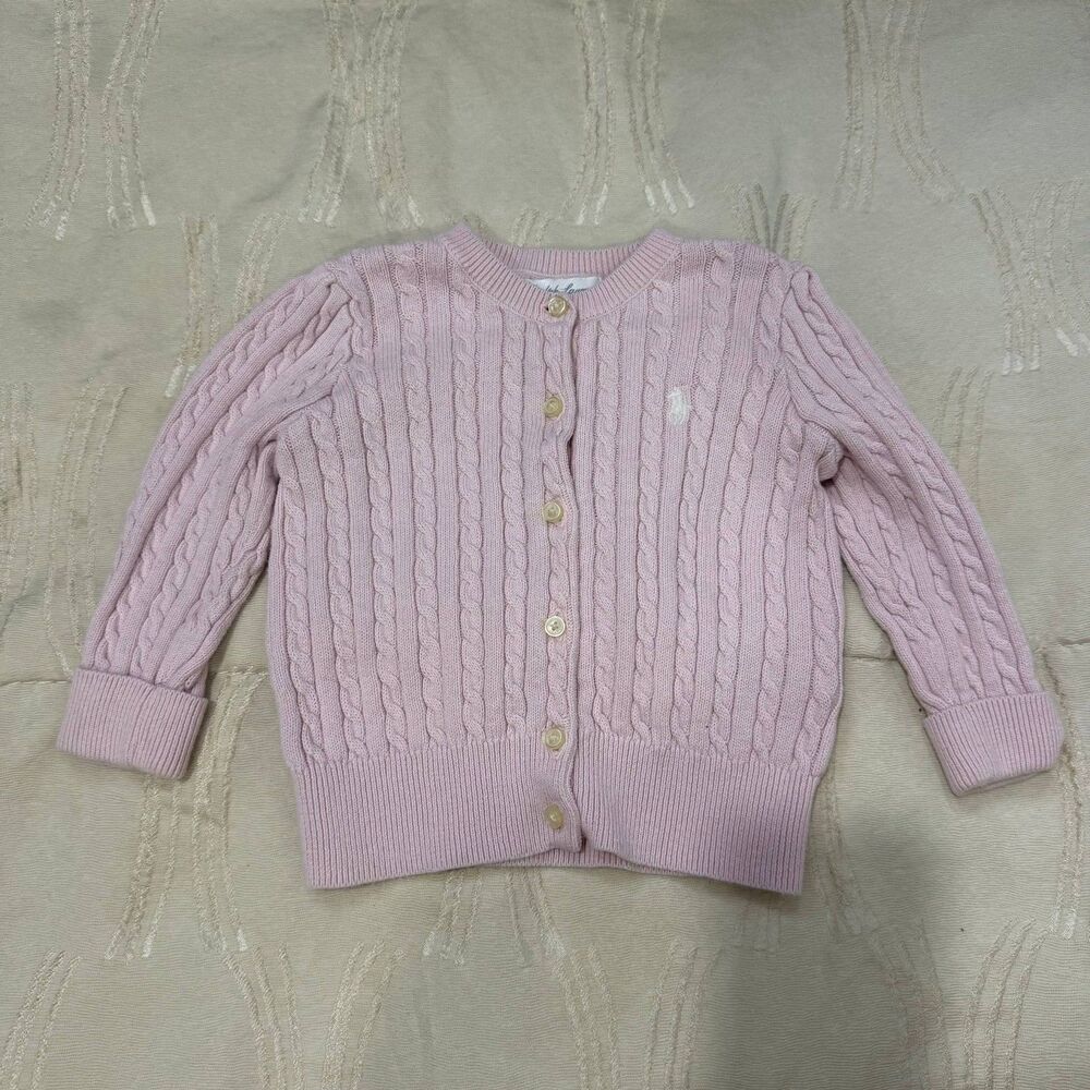 Ralph Lauren Baby Girl 12M Pink Cable Knit Cotton Cardigan Pony Sweater